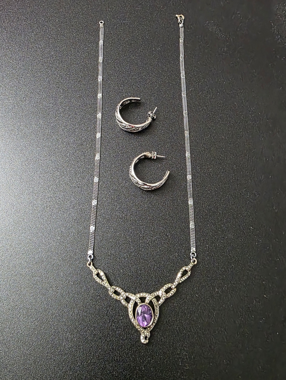 Gothic Sterling Silver 925 Marcasite Necklace & Hoop Earrings Set with Amethyst
